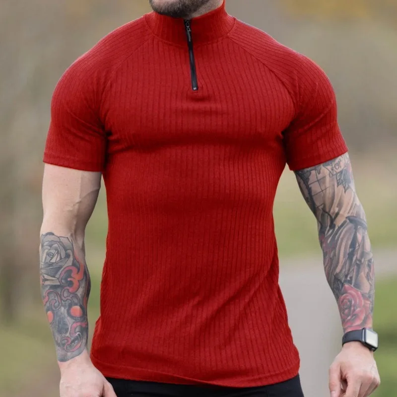 

Men's Slim Fit Zipper Stand Neck Casual Vertical Stripe Short Sleeve T-shirt