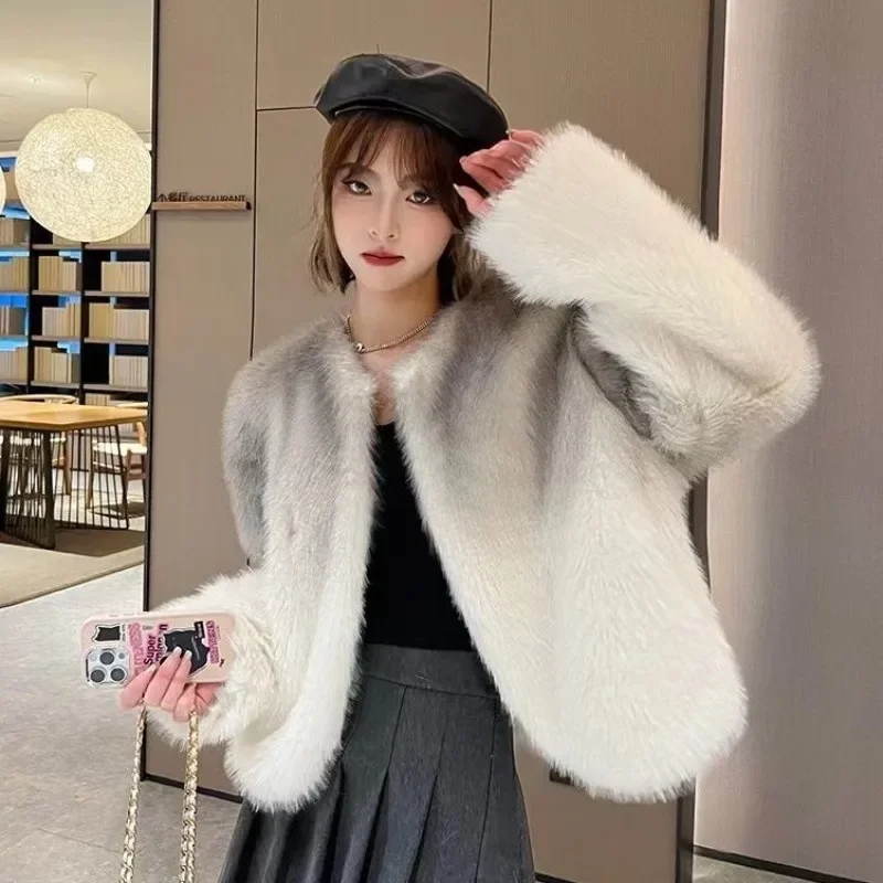 

Korean Style Temperament Women Imitation Fur Coat Fashion Gradient Color O-neck Short Outwear Winter Female Faux Fox Fur Jacket