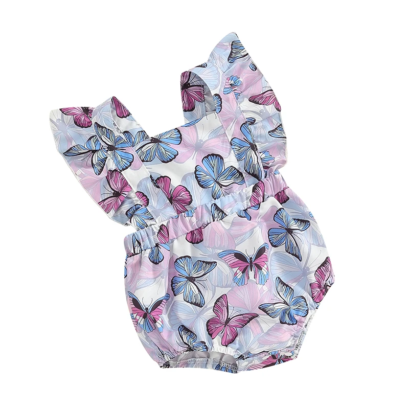 

New Born Infant Baby Girls Summer Sleeveless Square Neck Rompers Butterfly Printing Suspender Bodysuit