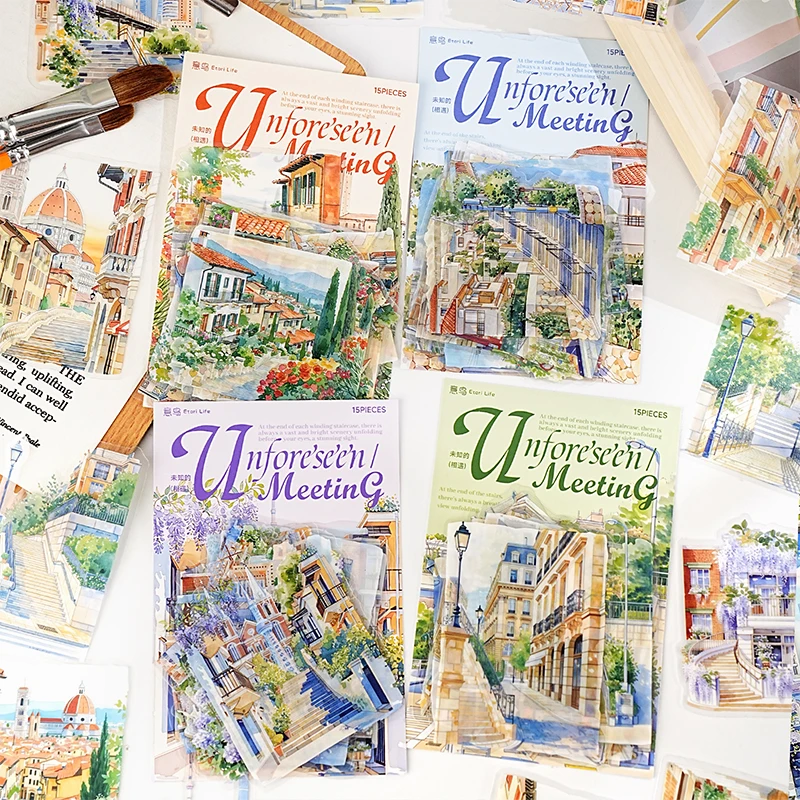 Mr.Paper 4팩 PET 스티커, 미적 도시 풍경 디오라마 스티커, 저널 스크랩북킹 DIY 커피컵 휴대폰 케이스용