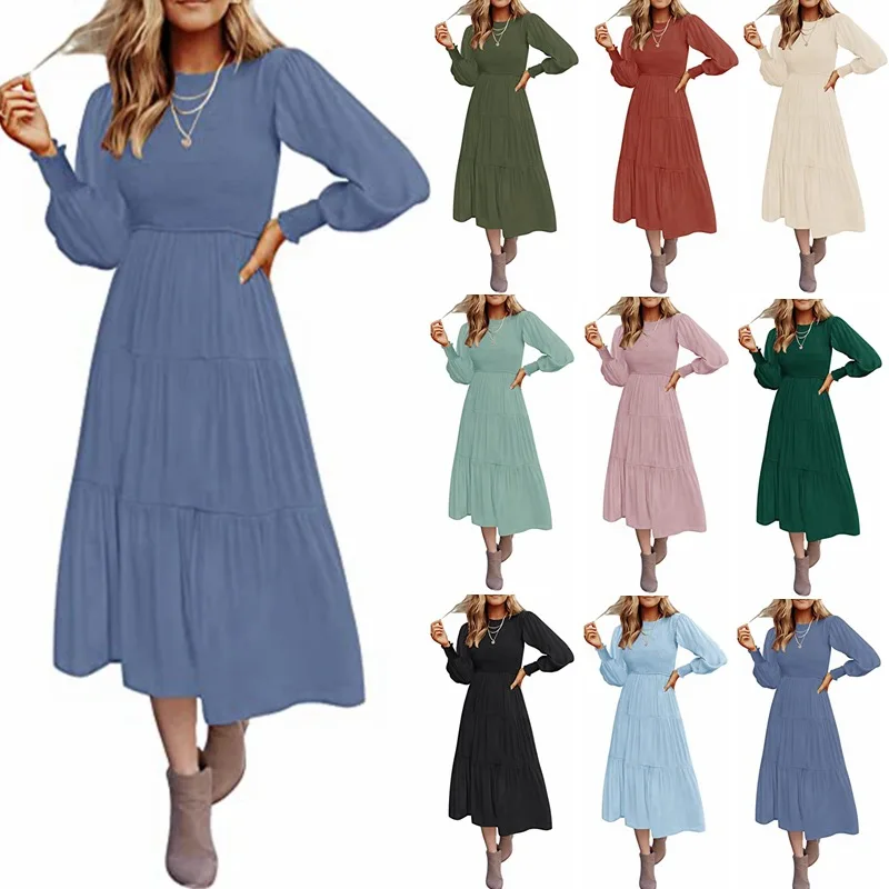 Women's Long-Sleeved Pleated Layered Short-Sleeved Large Swing Dress, European and American
