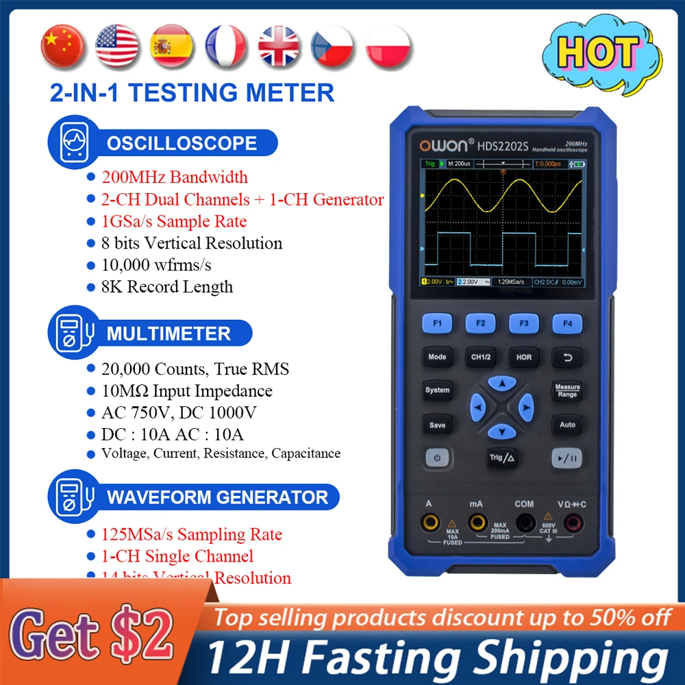 

OWON HDS2202S Digital Oscilloscope 2 Channels 200Mhz 1GSa/s True RMS 3 in 1 Osiclloscopes+Multimeter+Waveform Generator