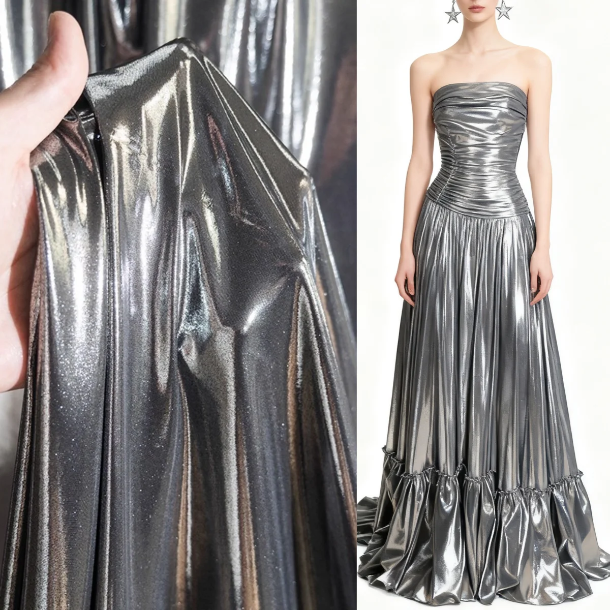 Silver Metallic Gloss Reflective Fabric for Elegant Evening Wear and DIY Projects