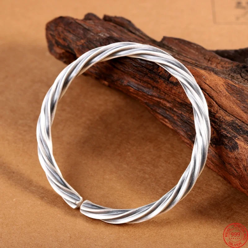 

S999 Sterling Silver Bracelet for Women Men New Fashion Ancient Relief Twist Bangle Punk Jewelry Free Shipping