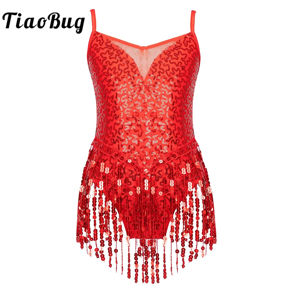 

Kids Girls Latin Dance Dress Leotard Tango Rumba Samba Cha-Cha Skating Performance Costume Sleeveless Sequins Tassel Bodysuit