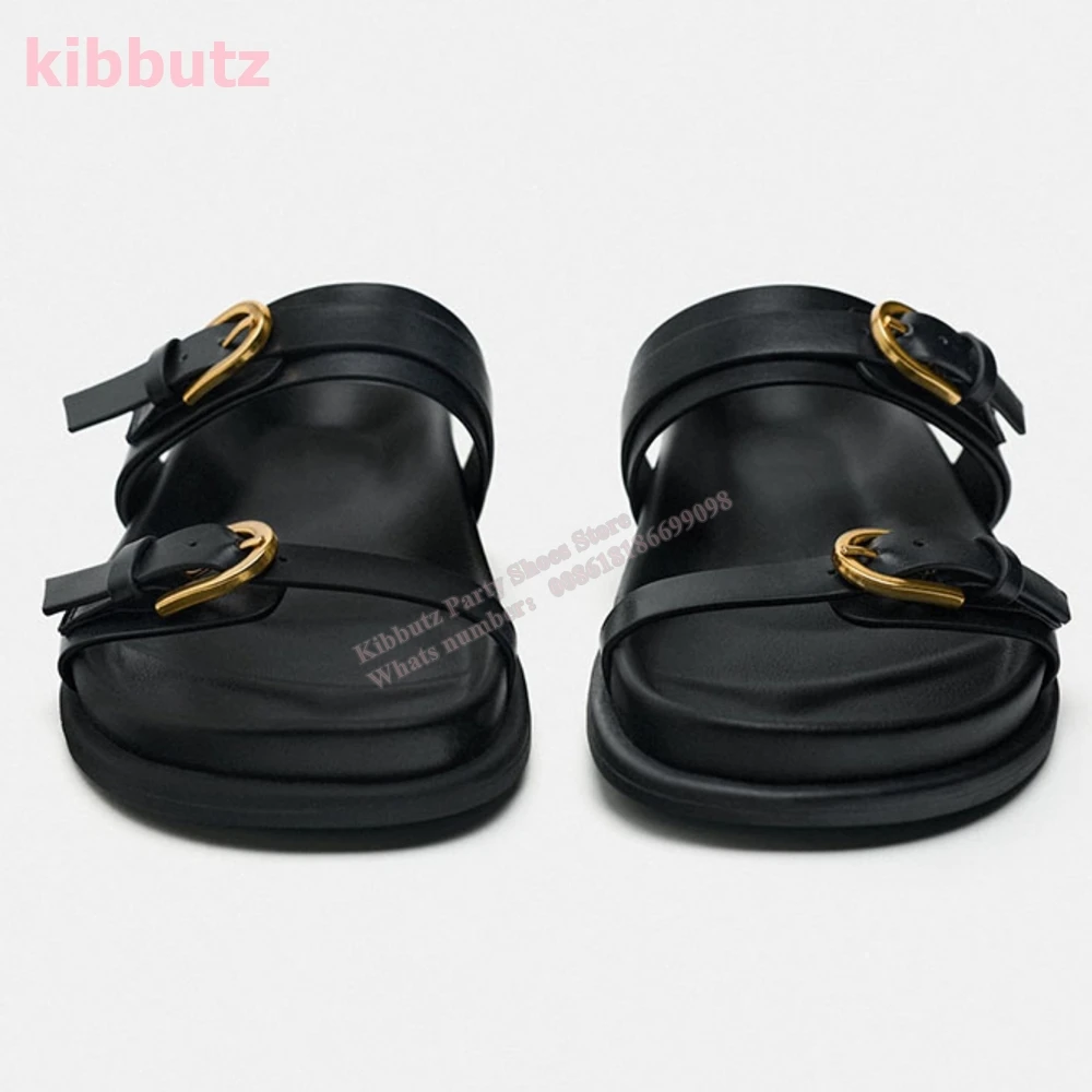 Belt Buckle Genuine Leather Slippers Round Toe Flat With Solid Color Fashion Elegant Sexy Outdoor Summer Concise Women Shoes New