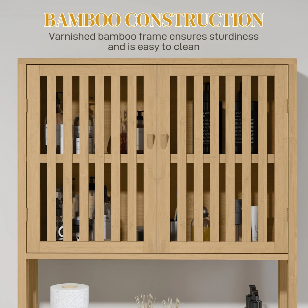 HOMCOM Bamboo Over the Toilet  Cabinet, Over Toilet Bathroom Organizer with Slatted Doors, Adjustable Shelf and Open Shelf, Natu 4
