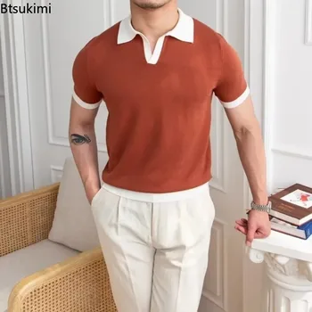 Polo lavorate a maglia eleganti da uomo alla moda nuove T-shirt casual versatili con risvolto Top larghi traspiranti estivi per abiti da pendolare da uomo