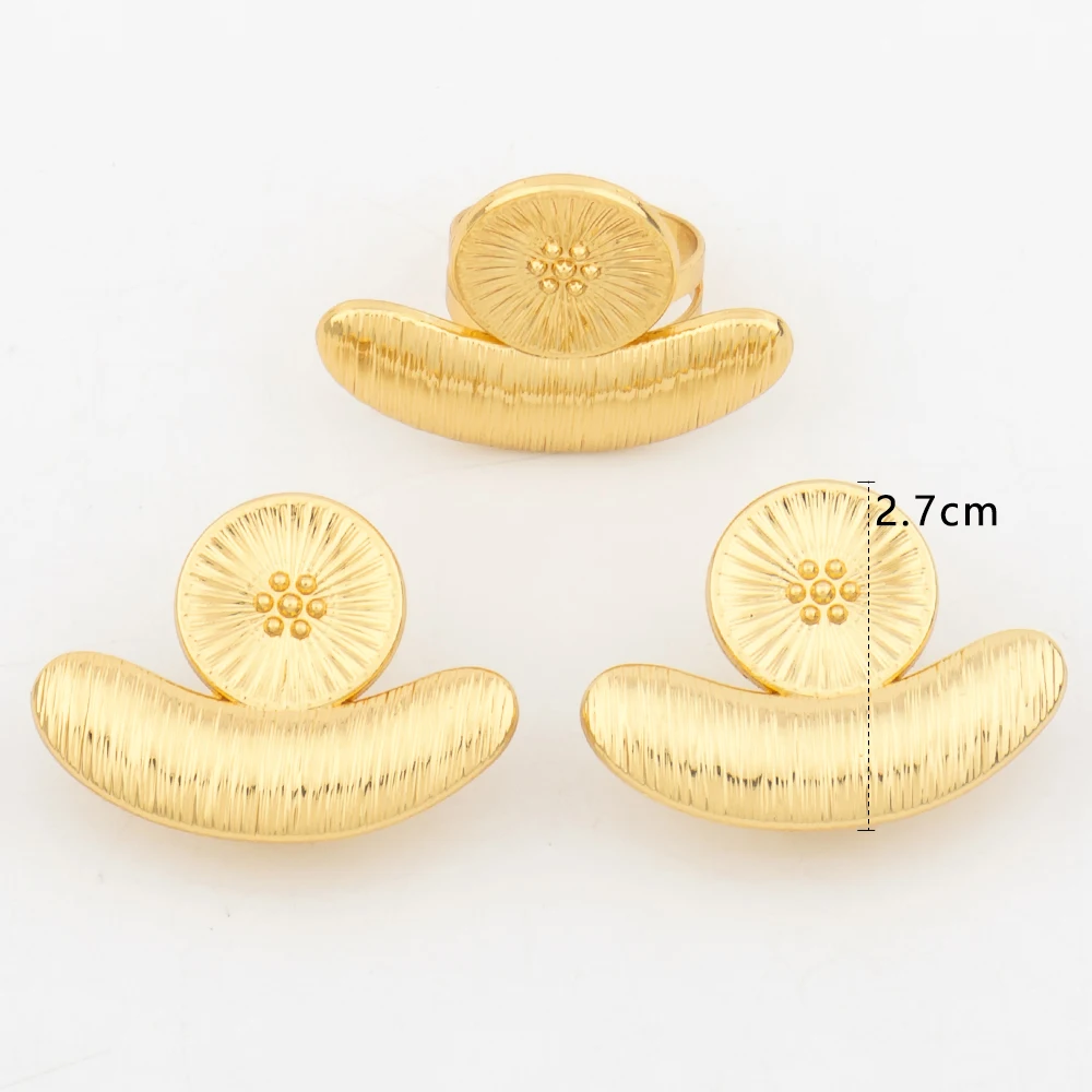 Fashion Jewelry Set Dubai Gold Color Luxury Flower Shape Adjustable Ring Round Earrings For Women Wedding Party Gifts Daily Wear - 6
