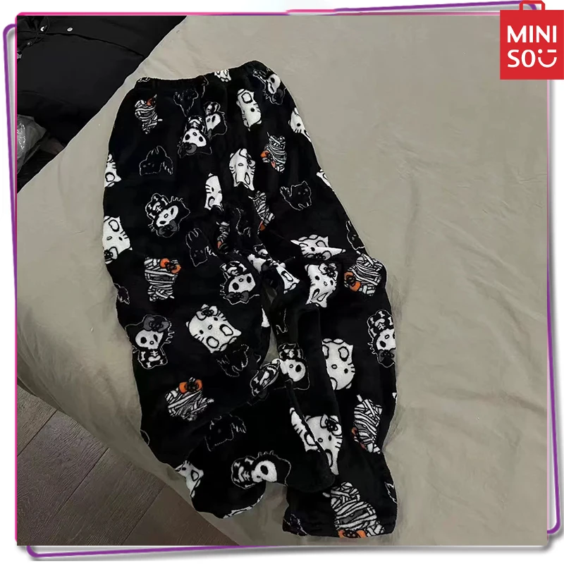 цена New 2024 Miniso Sanrio Hello Kitty Kuromi Y2K Women's Pajama Pants Flannel Plush Pants Anime Casual Warm Pants Gift