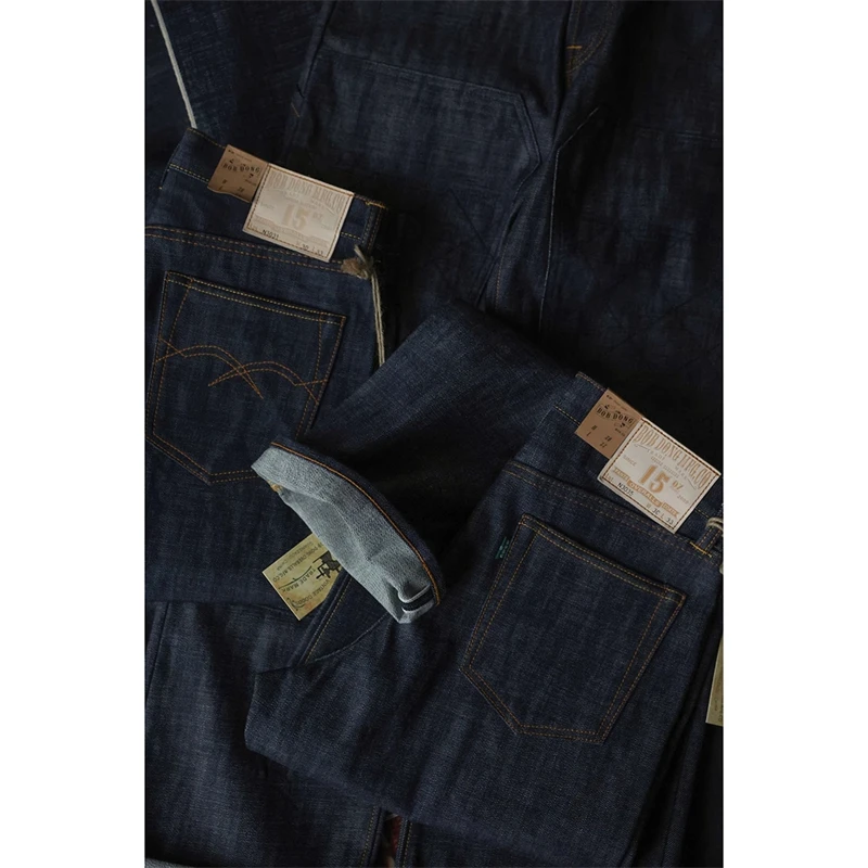 BOB DONG 15oz Selvedge Denim Jeans Mid High Waist Straight Mens Pants Button Fly 2