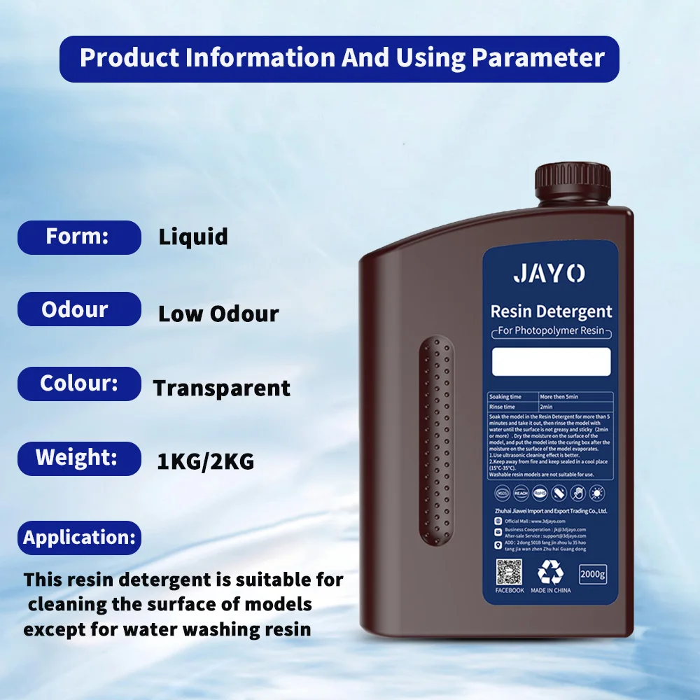JAYO-Détergent en résine 3D transparent, adapté à toutes les résines, sauf pour le lavage à l'eau, faible odeur, faible toxicité, sûr et ininflammable, 1 kg, 2kg