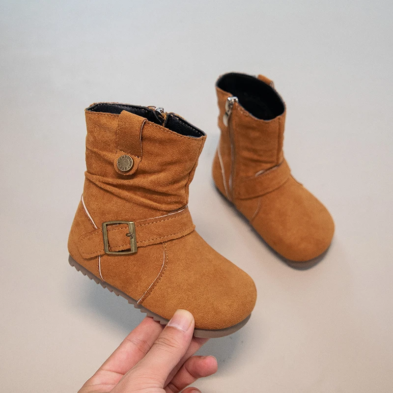 Leather Ankle Boots for Girls with Plush Lining