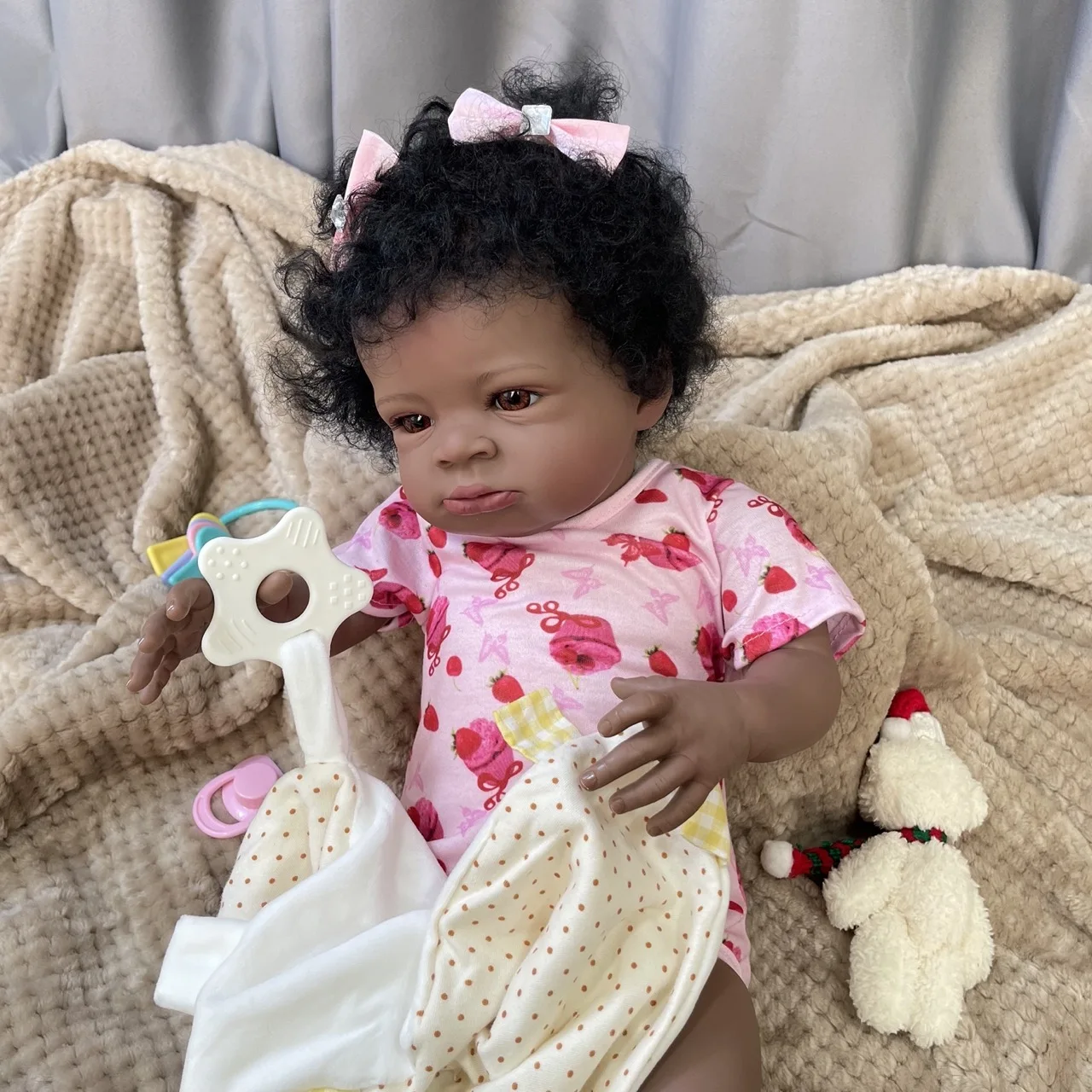 

20Inch Finished African American Doll Lanny Black Skin Reborn Baby Newborn With Rooted Hair Handmade Toy Gift For Girls