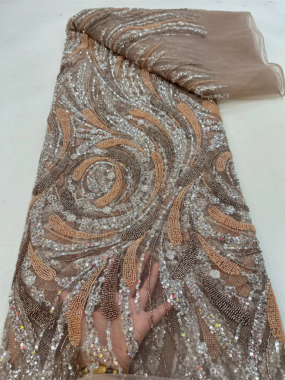 African Sequins Lace Fabric 5 Yards High Quality French Nigerian Groom Lace Fabric For Sewing Dress Wedding Sewing QF0628