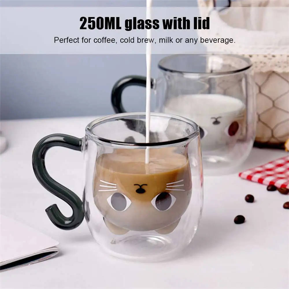 Glass Water Cup Double Wall Glass Cup Double Wall Glass Milk Juice Cup Creative Cute Cat Shape Coffee Mug Cartoon Couple Teacup with Cover Household Office Drinkware