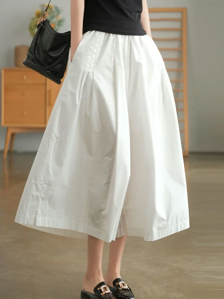 2024 New Casual LOOSE White Pants Elastic Waist Solid Women's Summer Pants Cotton Big Pocket Design Wide Leg Women's Pants