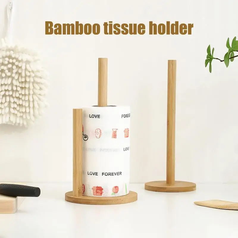 Wood Paper Towel Holder Kitchen Roll Paper Towel Holder Bathroom Tissue Vertical Stand Anti-Skid Base Paper Towel Storage Holder