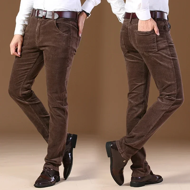 2023 Winter Men's Corduroy Casual Pants Business Fashion Solid Color Elastic Regular Fit Trousers Male Black Khaki Coffee Blue 2