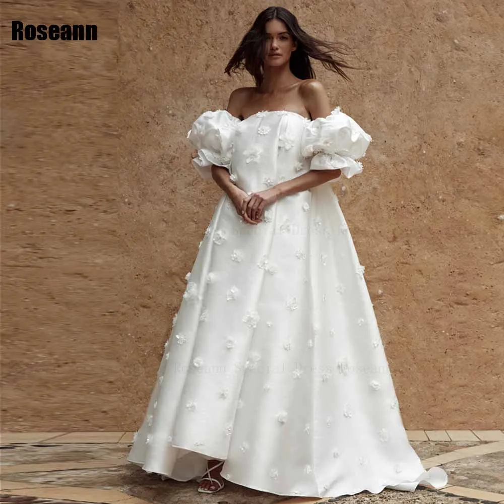 

A-line Wedding Dress Strapless Puff Sleeve Applique Flower Draped Pleat Brush Train Open Back Satin Bride Dresses robe de mariée