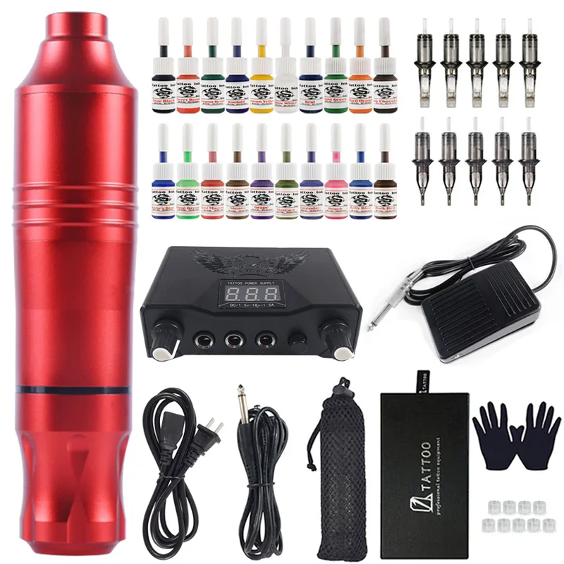 20Color Tattoo Machine Kits Power Supply Rotary Pen With Cartridges Needles Permanent Makeup For Beginners |