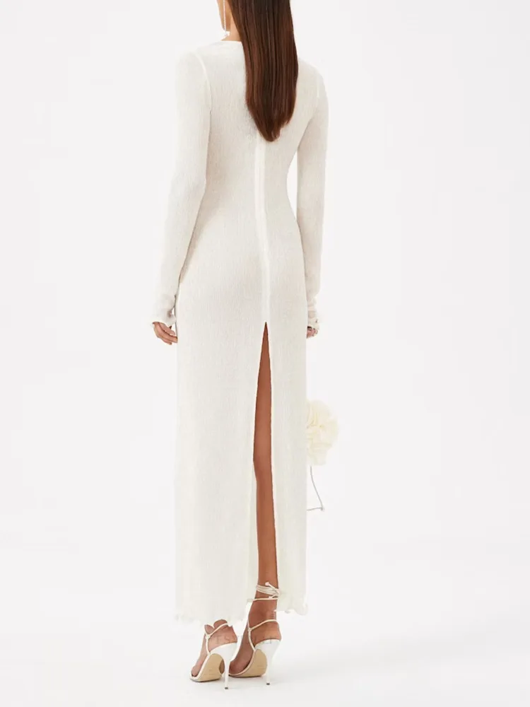 JULISSA MO Elegant V-Neck 3D Floral Long Sleeve Split Maxi Dress Women Fashion Autumn Sexy Slim Long Evening Dress  2023 New