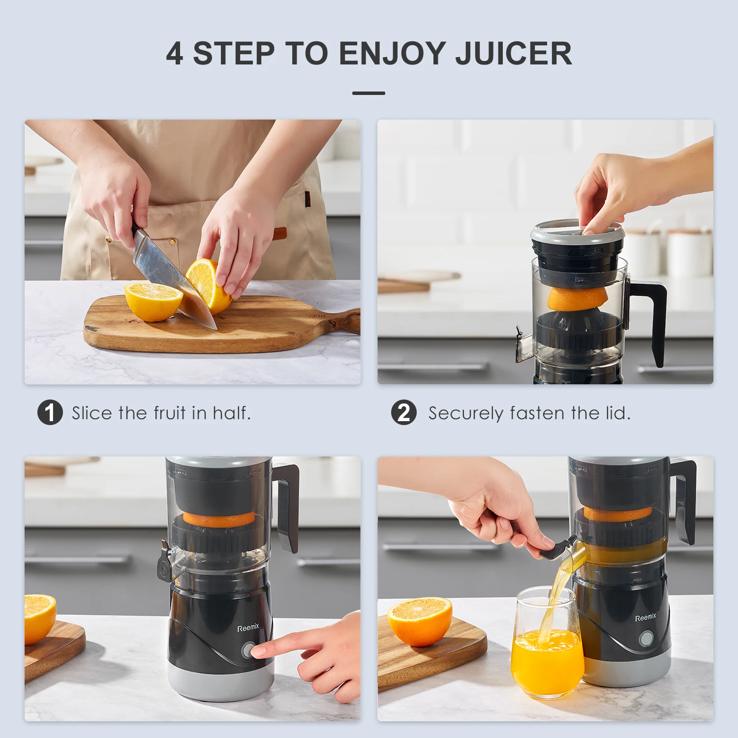lectric Citrus Juicer, Reemix Full-Automatic Orange Juicer Squeezer for Orange, Lemon, Grapefruit, Citrus Juicer with Cleaning 4