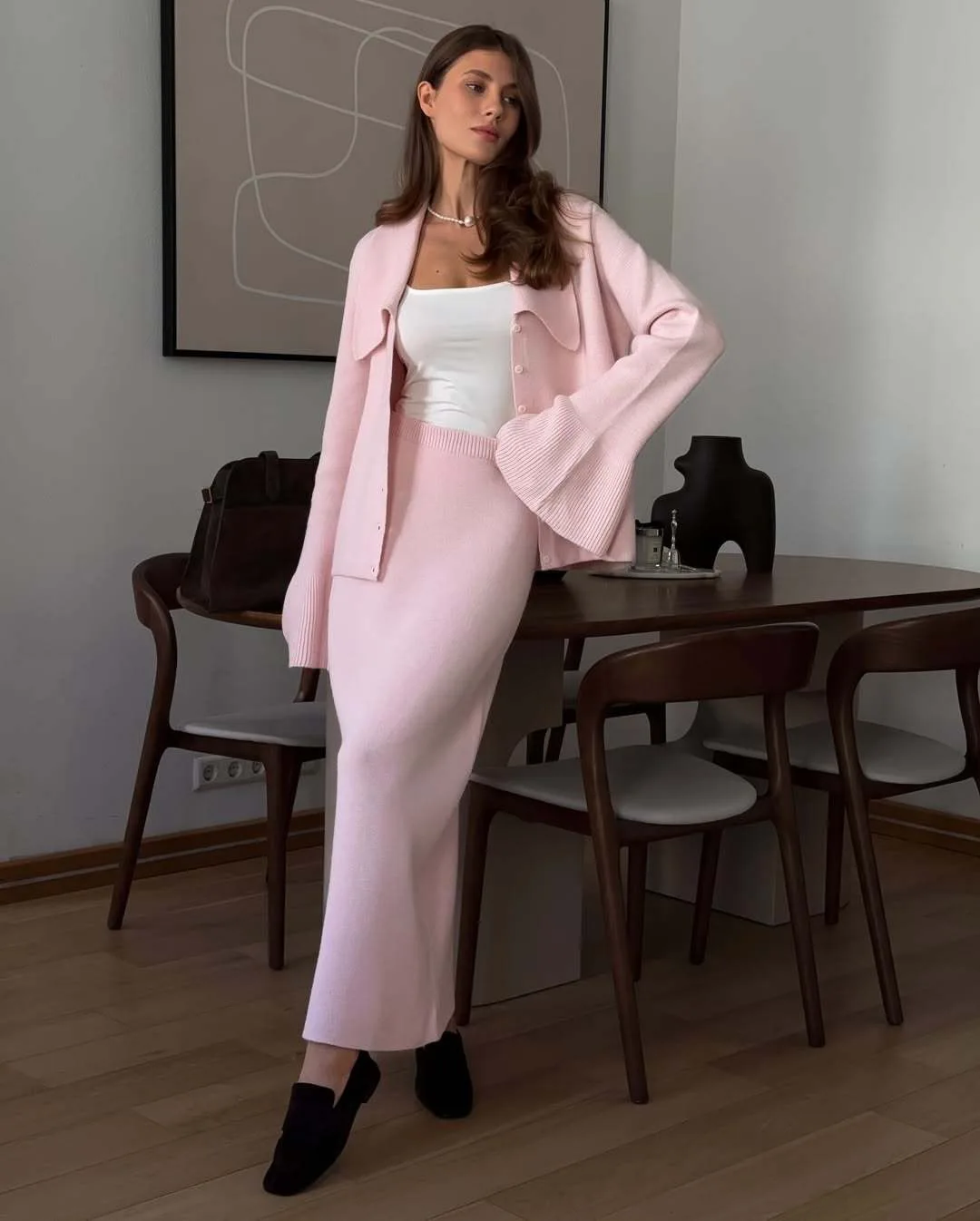 Hirsionsan Sexy Soft Elegant Vintage Women Suits 2 Pieces Female Sets Polo Neck Cardigan Sweater & Midi Dress Knitted TrackSuit Image 34