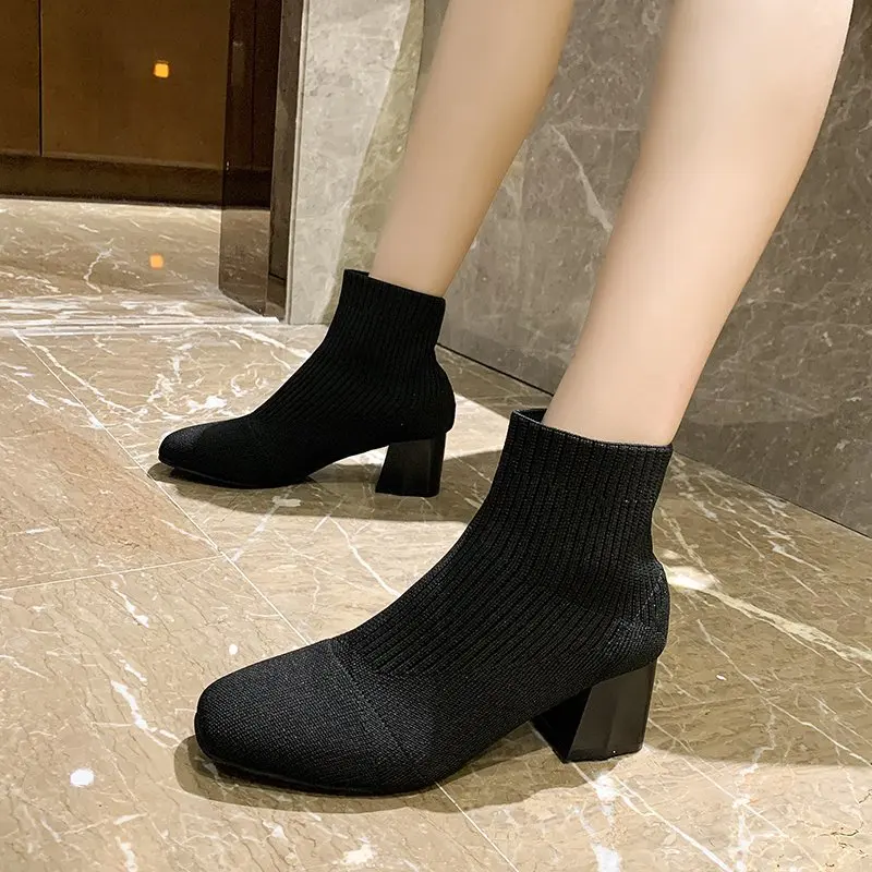 2025 new Stretch Sock Boots For Women Shoes Square Heel Yellow Knitting shoes Elastic Cottton Boots Lady Footwear
