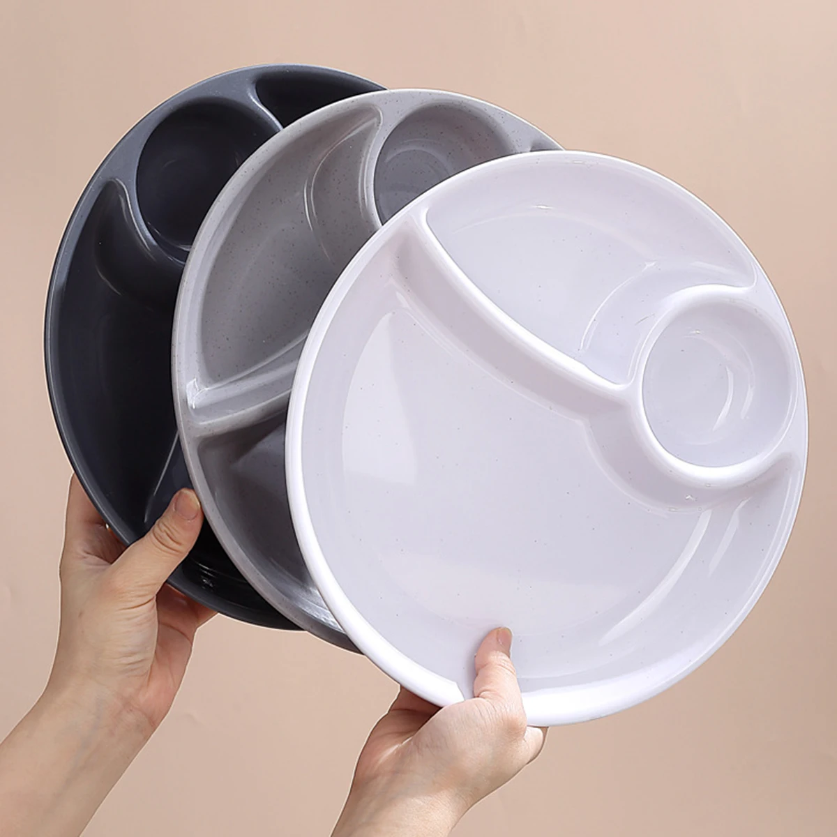WORTHBUY Round Divided Salad Plate With Cutlery Microwave Safe Dinner Plate 3 Compartment Plastic Dinner Dish Kitchen Dinnerware