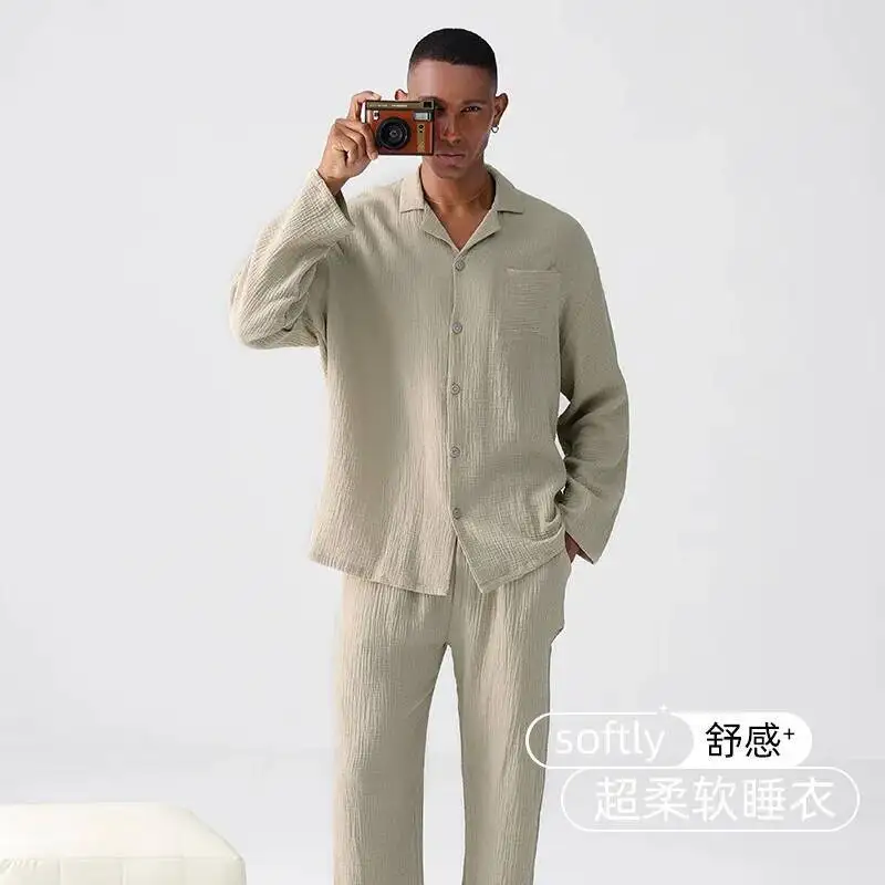 بيجامة رجالية من القطن الخالص للربيع والخريف منسوجة من الشاش بأكمام طويلة مجموعة رفيعة ملابس شتوية مريحة للرجال