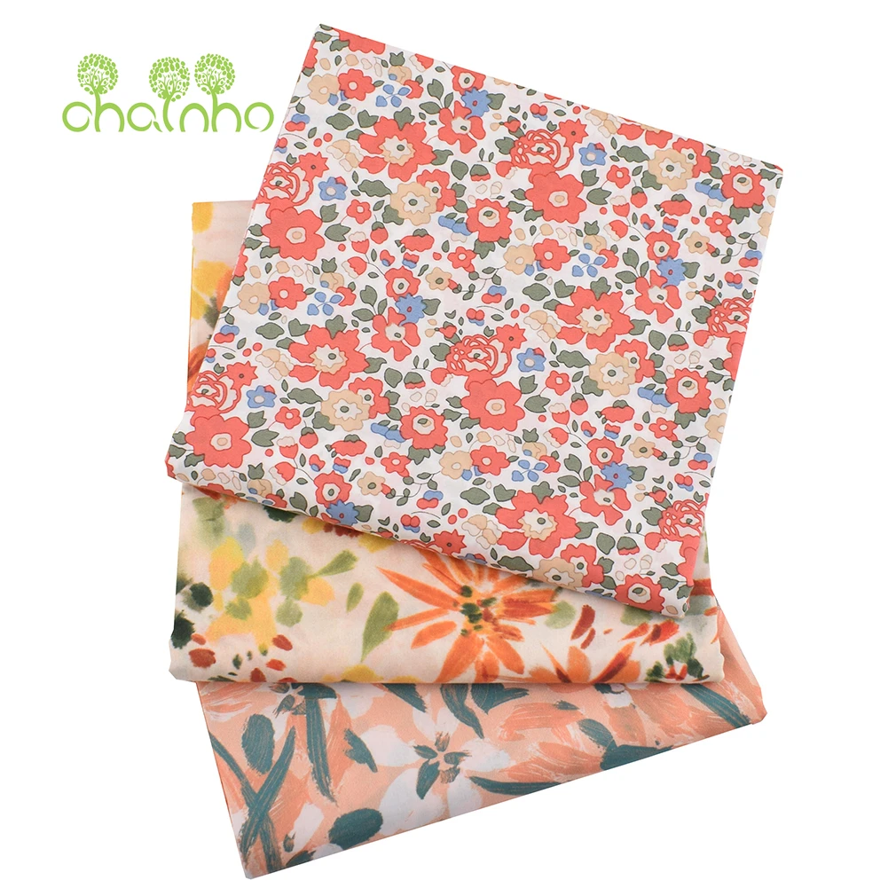 Chainho,Printed Plain Weave Poplin Cotton Fabric,DIY Quilting Sewing Material,Patchwork Cloth,Brown Flower Series,3 Sizes,15PC41