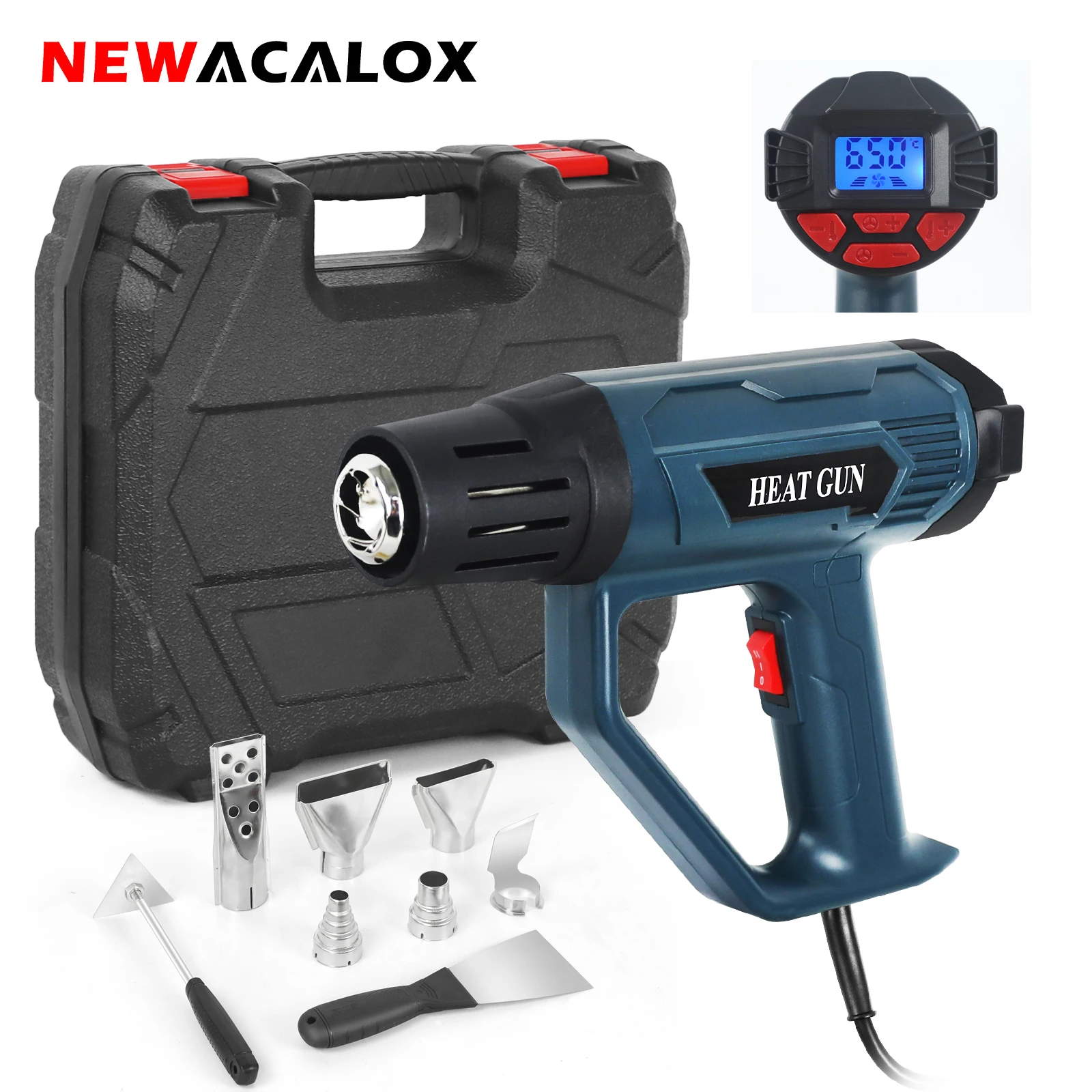 NEWACALOX 1500-2000W Industrial Hair Dryer Heat Gun Adjustable Wind Speed Hot Air Gun 50℃-650℃ Temperature Shrink Wrapping Tools