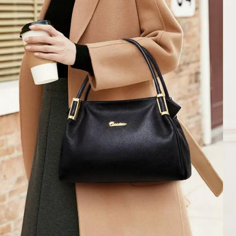 Litchi Patterned Top Layer Cowhide Crossbody Bag With Large Capacity Handbag Trend Fashion Casual Simple Shoulder Bag For Women