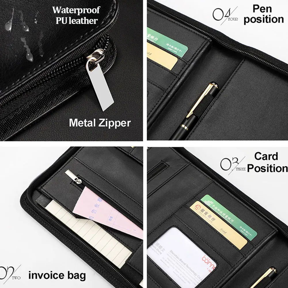 A4 Business Padfolio File Folder Portfolio Pu Leather Briefcase Calculator Notebooks Card Holder Office Document Organizer