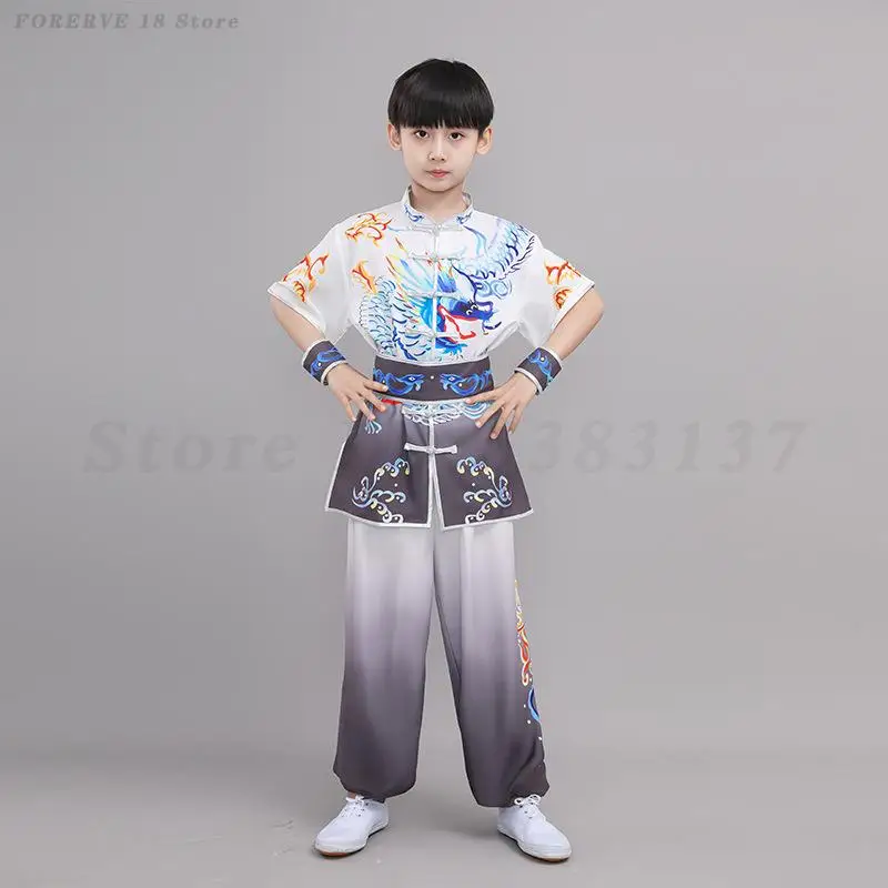 Children Traditional Tai Chi Wushu Costume Chinese Style Dragon Print Kung Fu Martial Arts Tang Suit Performance Clothing