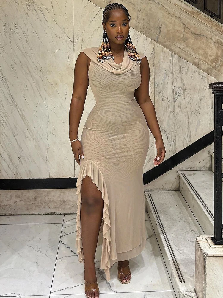 

Платье женское прозрачное облегающее без рукавов, с разрезом и оборками