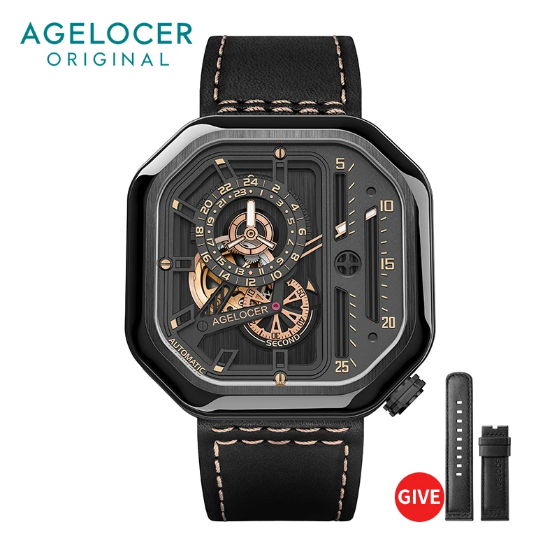 AGELOCER Men's Top Brand Skeleton Mechanical Automatic Fashion Luxury Stainless Steel Luminous Square Watch