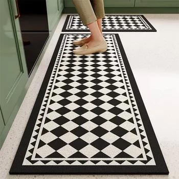 Tappetino per cucina Tappeto Tappetini lunghi in PVC impermeabile Tappeti antiscivolo a prova di olio in pelle Tappeto decorativo per la casa scozzese bianco nero 1