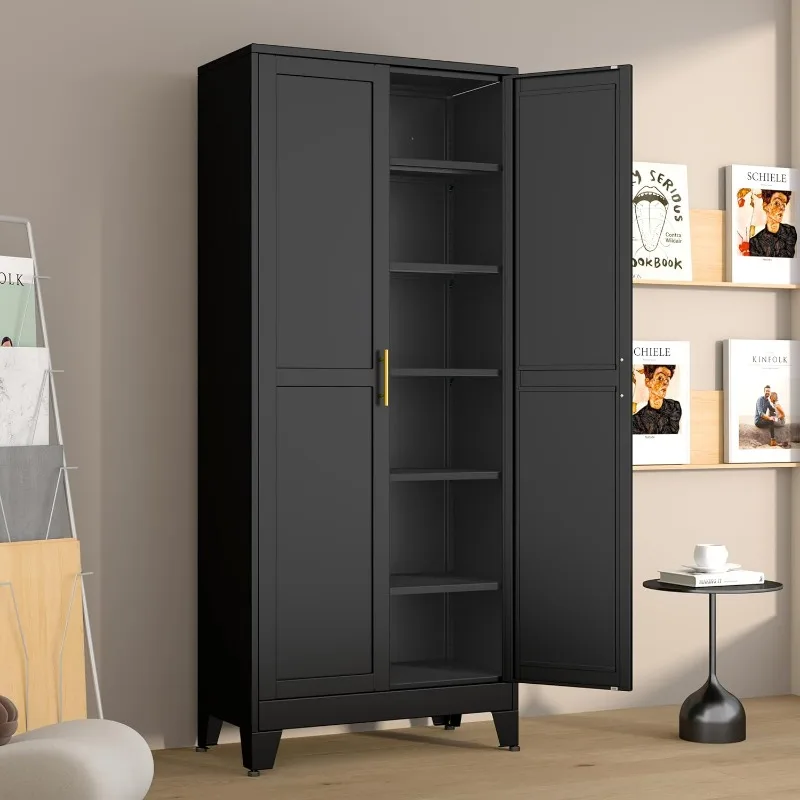 Metal Pantry Cabinet with 2 Doors and 5 Adjustable Shelves, 75" Kitchen Storage cabinets with Gold Handles, Versatile Storage