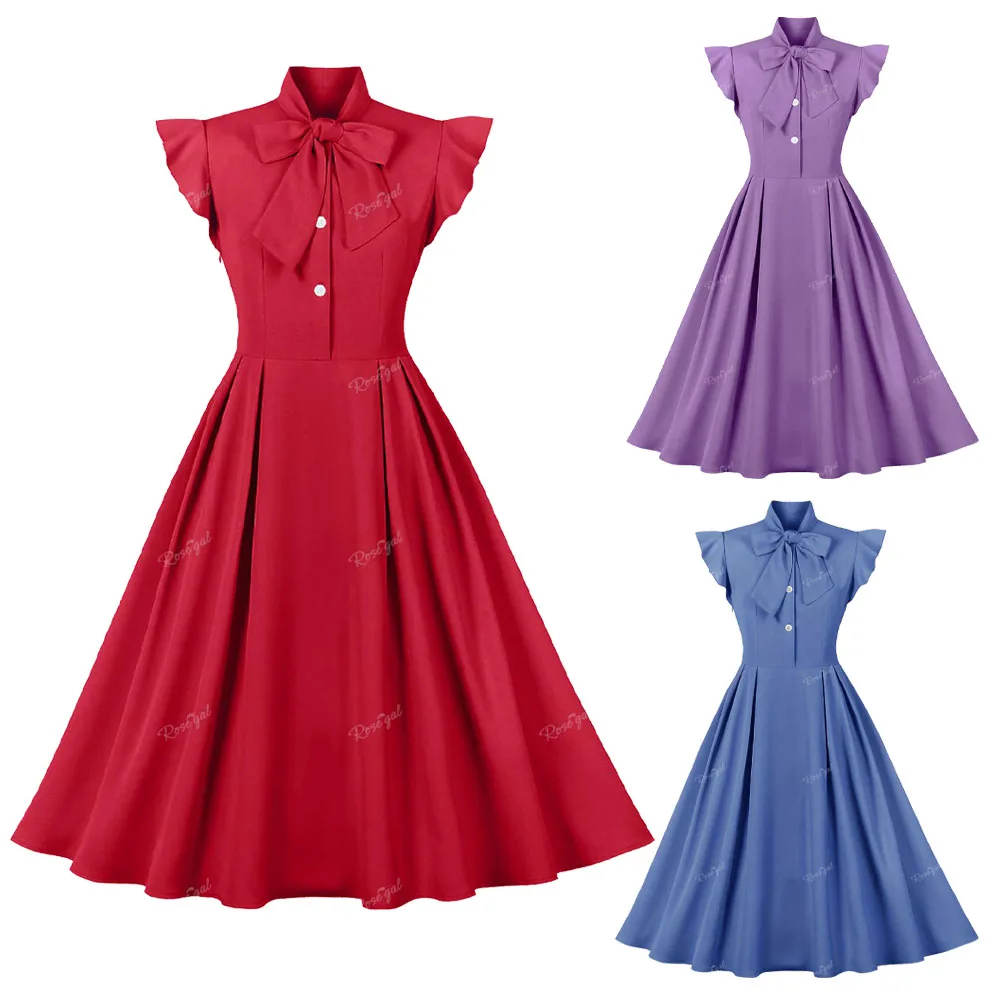 

Женское винтажное платье ROSEGAL, однотонное плиссированное платье на пуговицах с бантом на воротнике, Повседневное платье красного, желтого, синего, фиолетового цветов на весну и лето