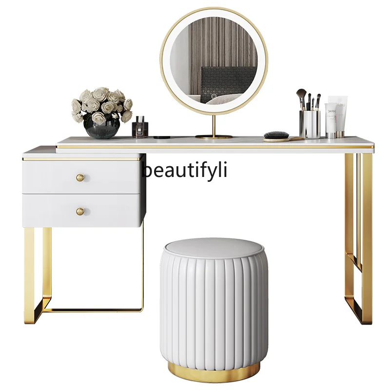 

Light Luxury Dressing Table Bedroom Modern Minimalist Stone Plate Dressing Table with Lights Modern Makeup Table Combination