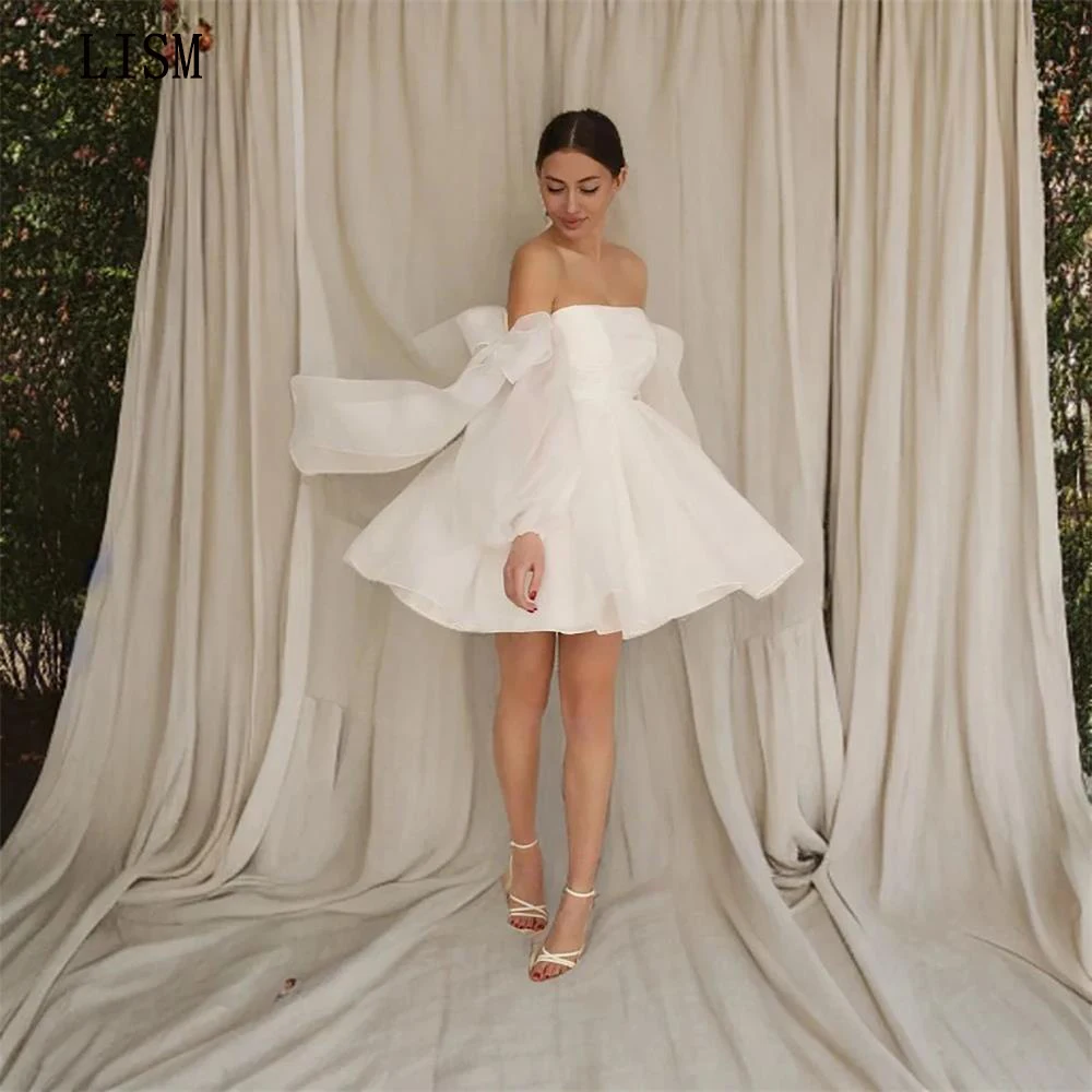 LISM 2024 예쁜 스트랩리스 포멀 웨딩 드레스, 시폰 미니 신부 원피스, 탈착식 슬리브 코르셋 백, 맞춤 제작