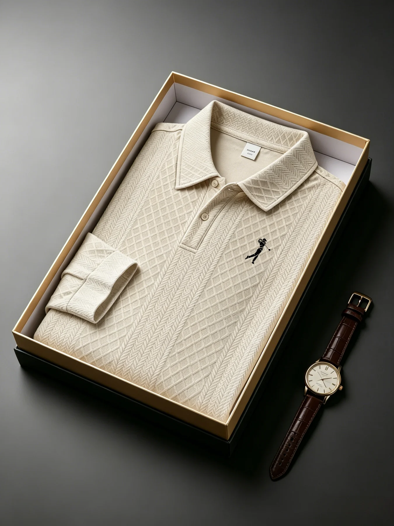 Polo a Maniche Lunghe Jacquard Testurizzato Milano Italia per Uomo, Casual Business Golf Pullover Top