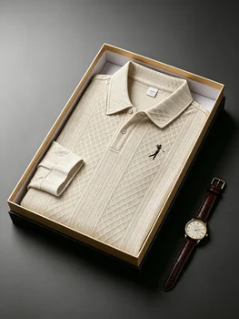 Polo a Maniche Lunghe Jacquard Testurizzato Milano Italia per Uomo, Casual Business Golf Pullover Top