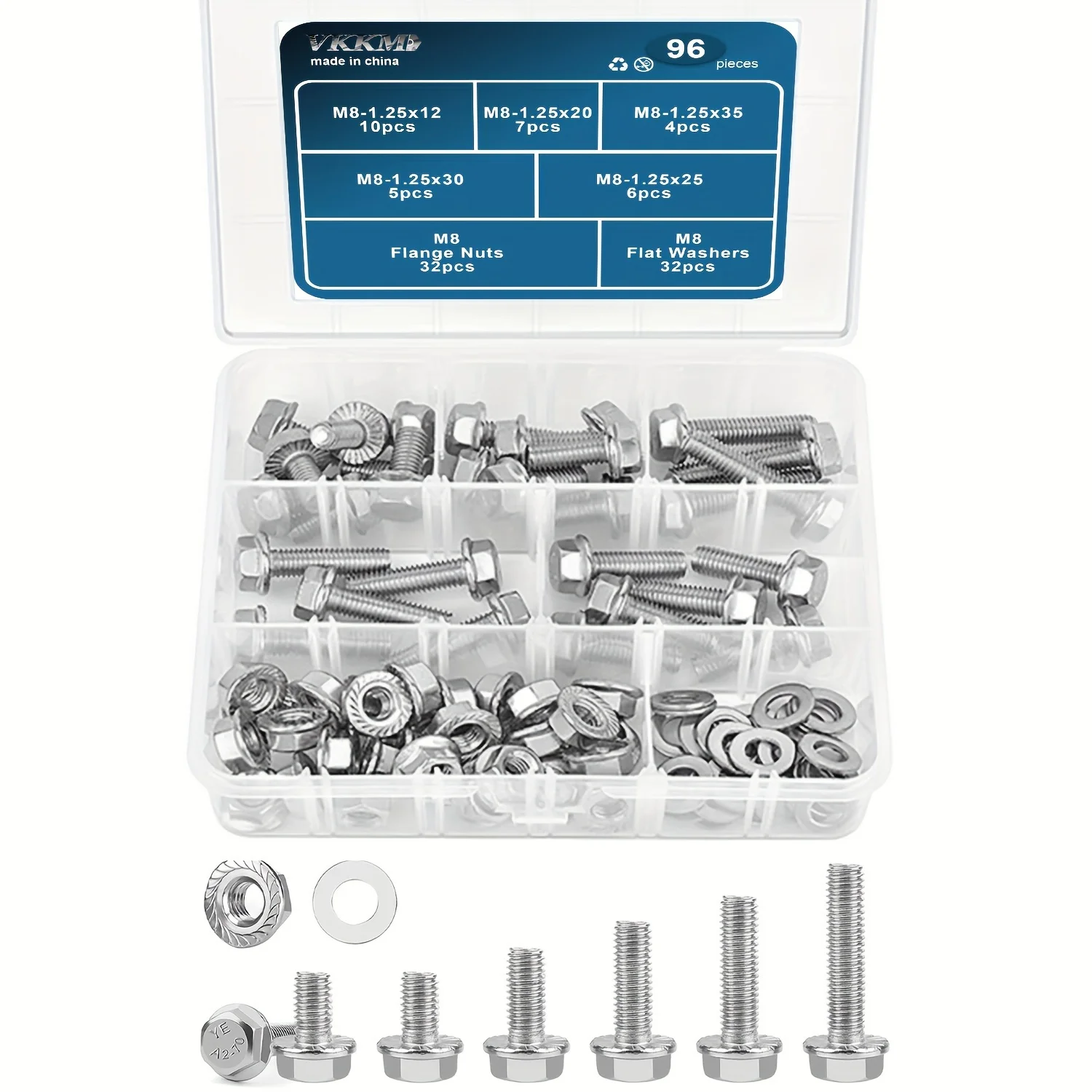 VKKM 96 pcs Stainless Steel M8 Hex Cap Flange Bolt Assortment Kit/Screws, Nuts & Washers, M8-1.25 x 12/20/25/30/35mm