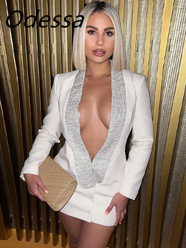

Odessa Deep V Neck Backless Sexy Mini Evening Party Dresses Women Elegant 2023 White Autumn Diamonds Long Sleeve Blazer Dress