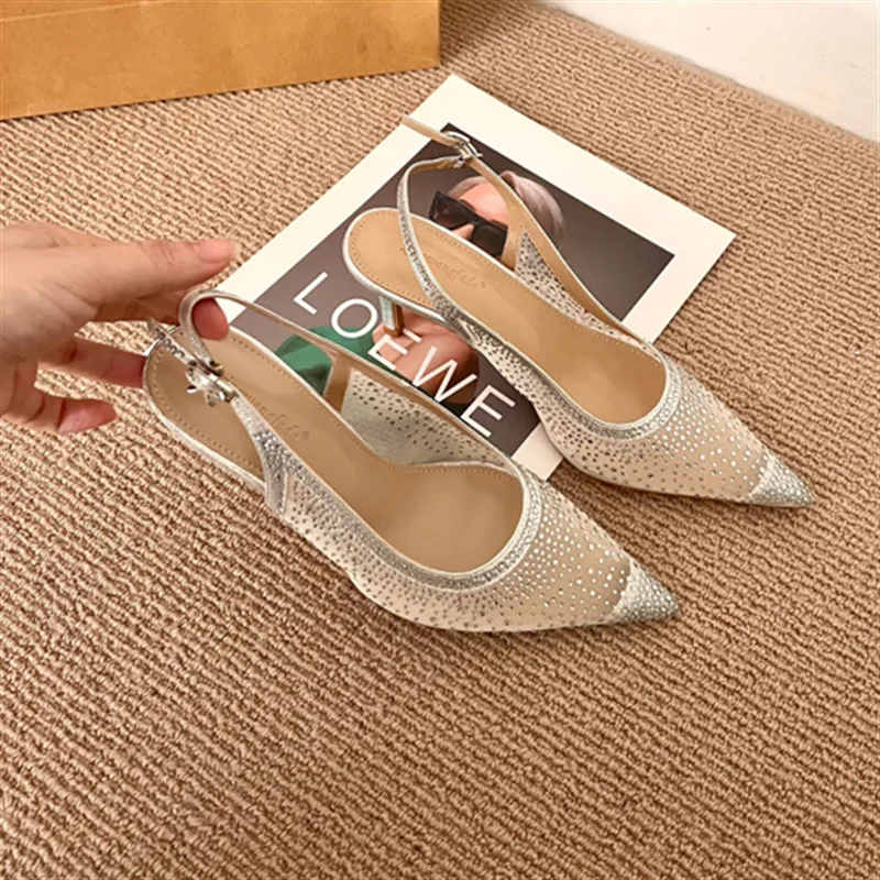 

Comfort Shoes for Women Female Sandal High Heels Girls Wedding Pointed Lace Open Low Retro High-heeled 2024 Beige Rhinestone Cle