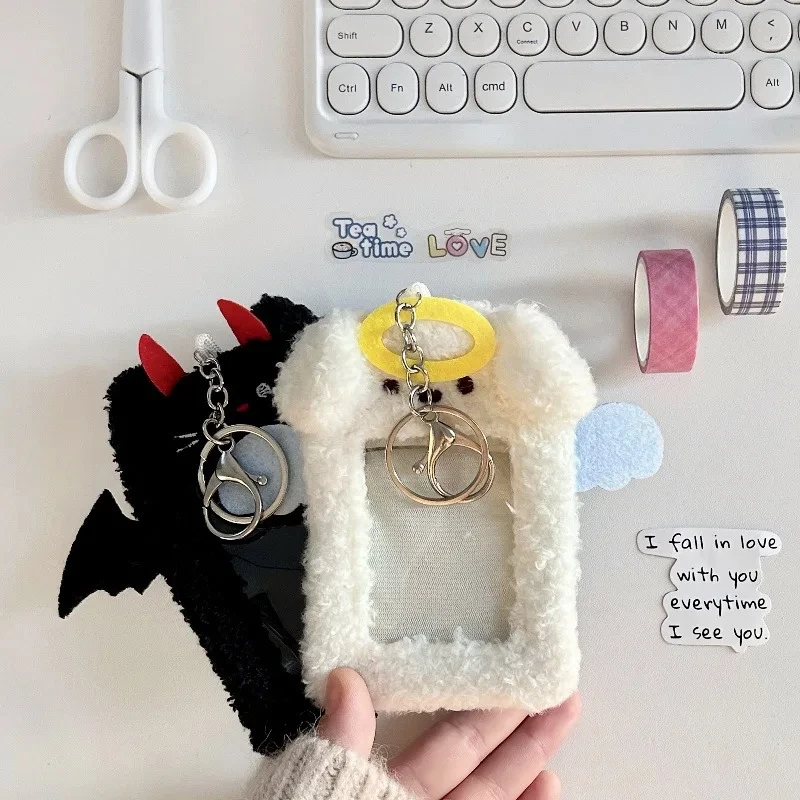 INS Cute Angel Rabbit Plush Photocard Holder Kpop Idol Photo Sleeve Protective Case Student ID Card Cover With Keychain Pendant 6