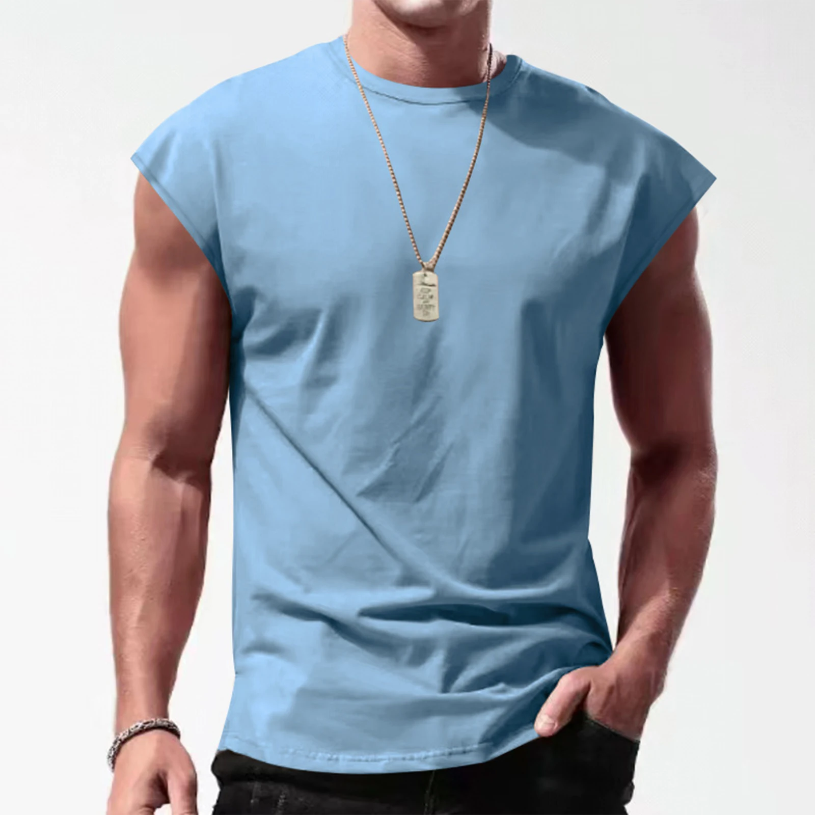 

Mens Fashion Solid Color Casual Round Neck Vest Tops Sleeveless T-Shirt Vest Vacation Travel Sports Workout Running Tops